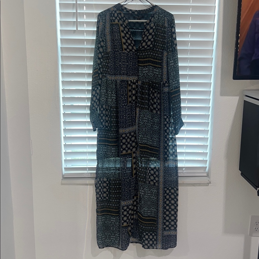 Romeo & Juliet Couture Blue and Green Maxi Dress- button up sheer dress - Picture 4 of 6